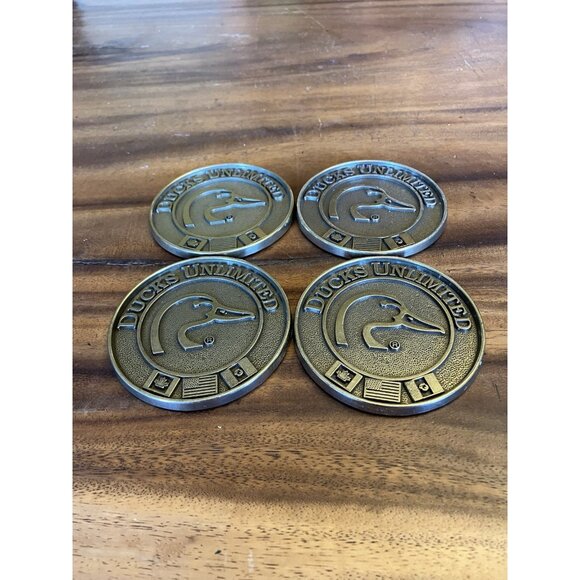 4 Vintage Ducks Unlimited Brass Coasters Mallard Ducks 3 1/4" Round Cork Backed - Picture 3 of 13